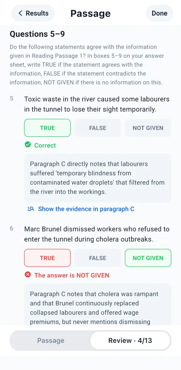 Розбір Reading у застосунку: запитання True, False, Not Given з правильною відповіддю, поясненням із тексту та кнопкою «Show the evidence» в абзаці C