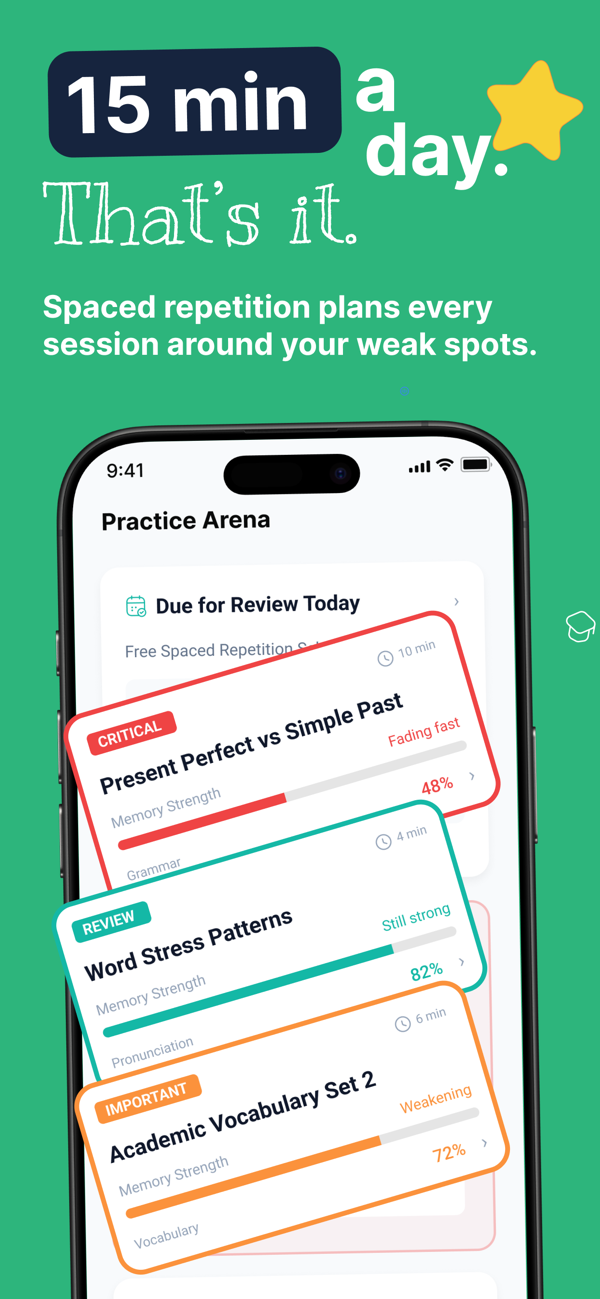 IELTS Mentor AI screen showing spaced-repetition drill cards with a memory-strength bar