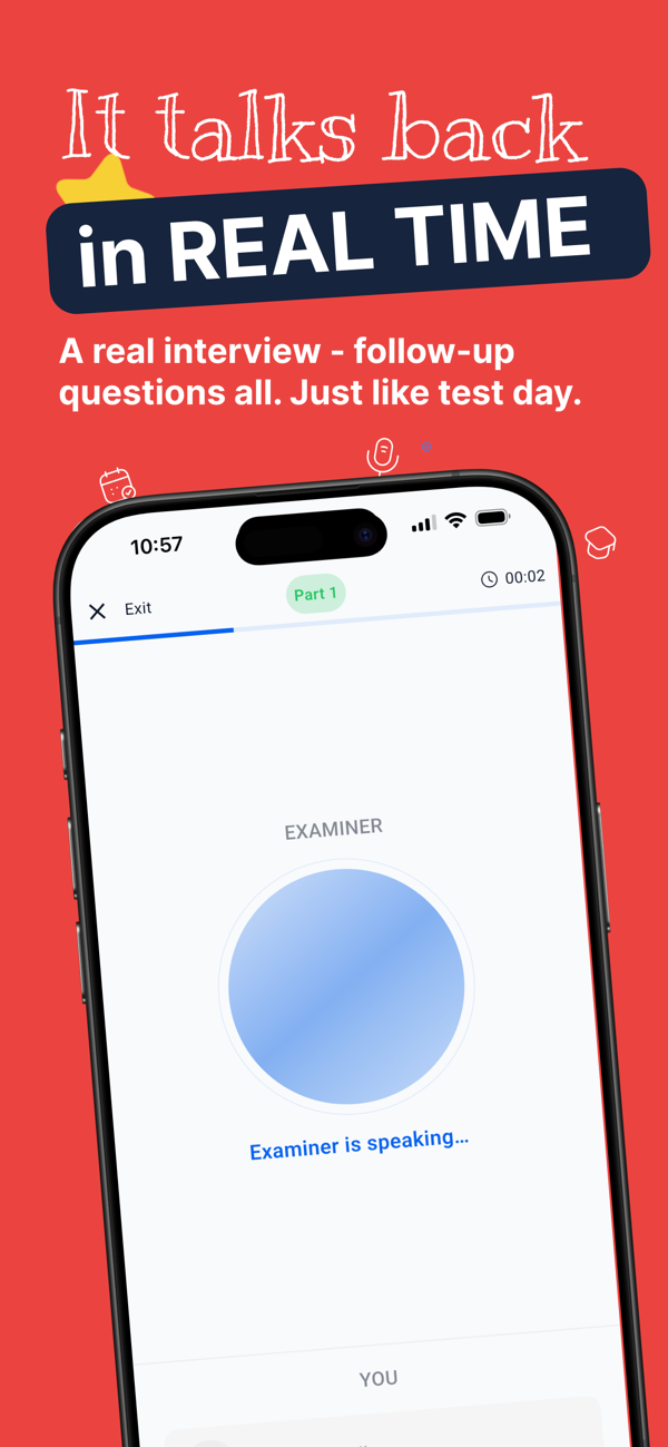 IELTS Mentor AI screen showing a real-time examiner interview with follow-up questions