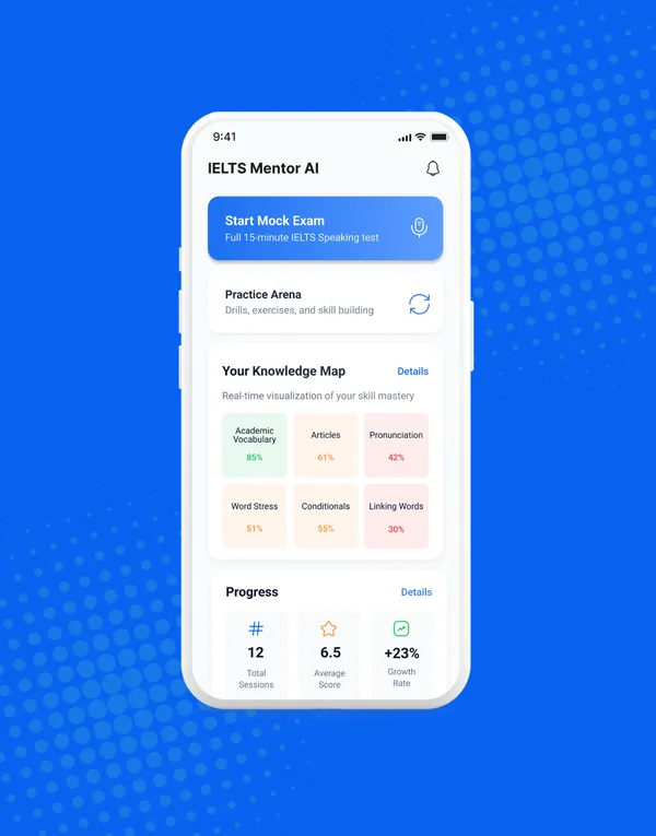 Mavi fonda IELTS Mentor AI telefon maketi